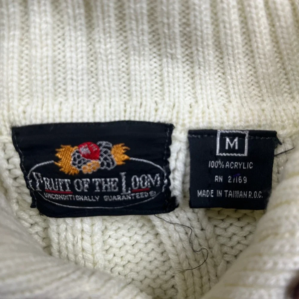 vintage sweater Fruit of the Loom Sweater Mens Medium Cream Cable Knit Shawl 80s